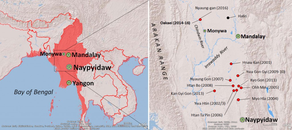Carte de situation des chantiers de fouille sur Myanmar